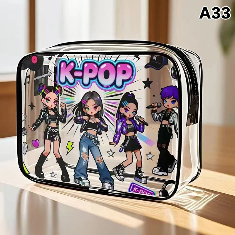 A clear acrylic storage pouch featuring a K-Pop theme with stylized idols and bright graphics.