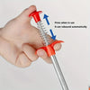A hand is pressing a red drain auger with a claw hook onto a surface, demonstrating its automatic rebound feature.