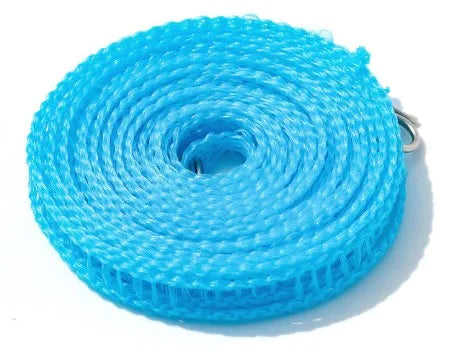 A spool of bright blue portable windproof clothes drying line coiled for storage.
