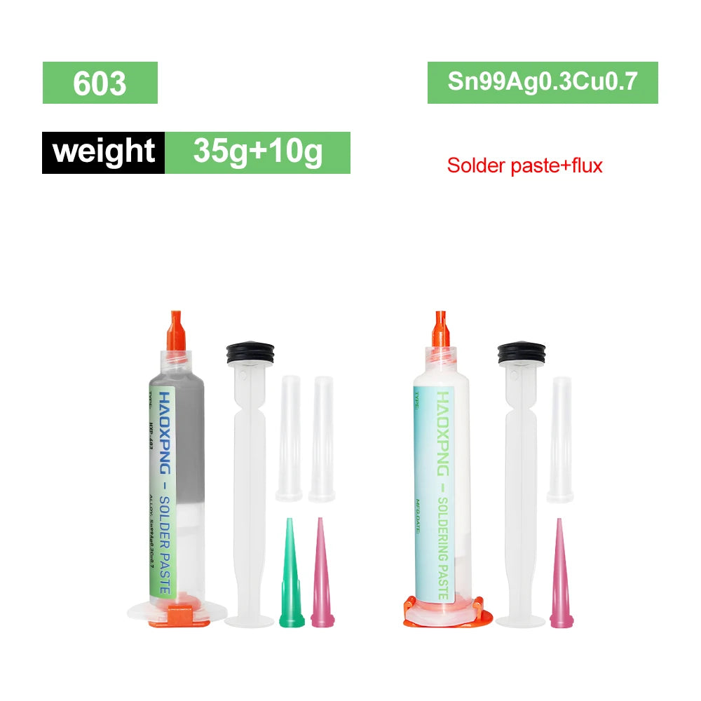 A set of solder paste and flux components including a 603 weight, Sn99Ag0.3Cu0.7 solder paste, and related materials.