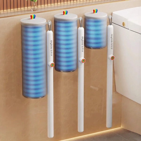 A set of disposable toilet brush cleaning kits with blue and purple striped handles and colorful brush heads mounted on a wal