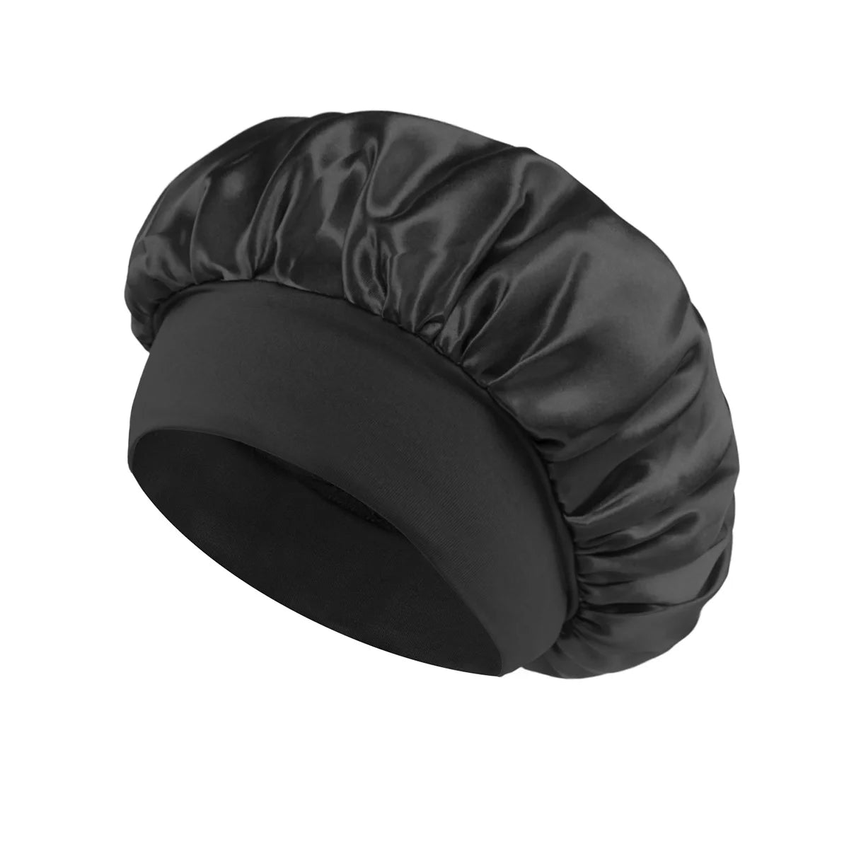 Bonete de cabello de satén negro con parte superior recogida para dormir y uso diario
