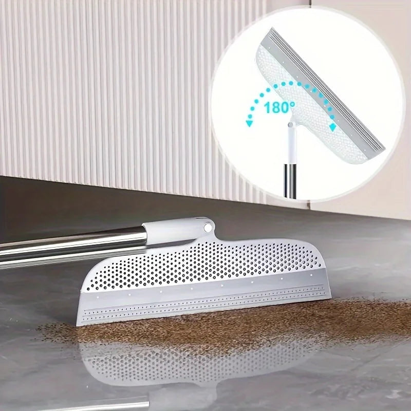 A silver ergonomic detatchable magic broom and scraper set is shown with an inset diagram illustrating a 180 degree angle.