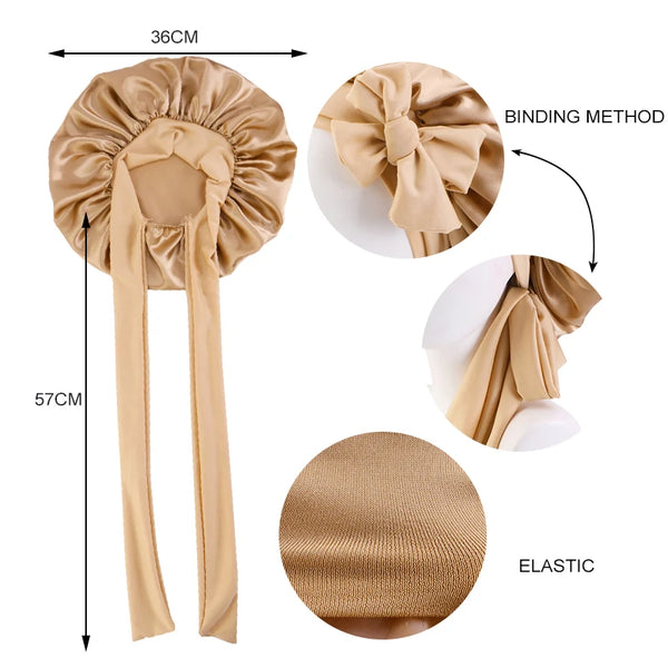 A beige satin sleeping cap with a tie band, showing its dimensions and binding method.