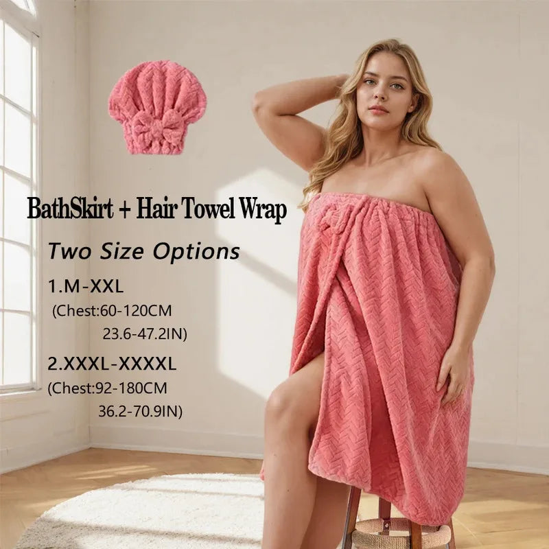 A woman models a pink bath skirt and hair towel wrap set, showing two size options.