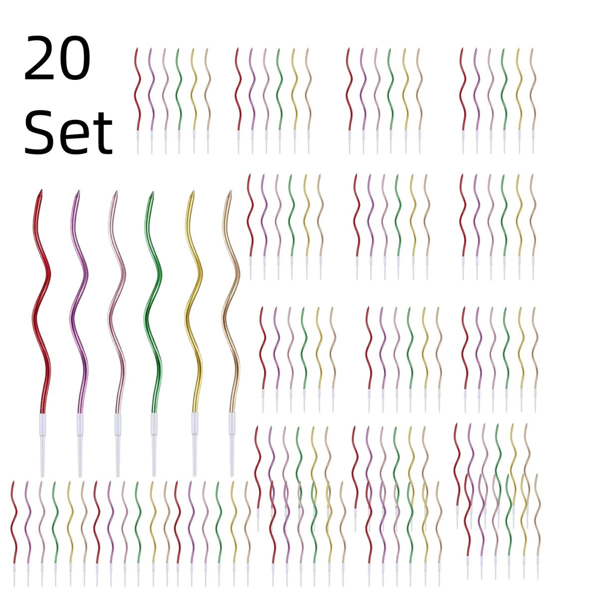 Ein Set von 20 dekorativen Spiralkerzen zum Geburtstag in verschiedenen Farben.