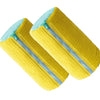 Yellow reusable shoe washing bag with light blue trim and ribbed texture