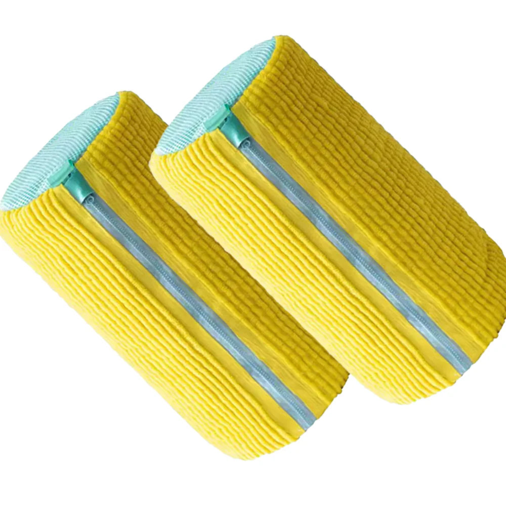 Yellow reusable shoe washing bag with light blue trim and ribbed texture