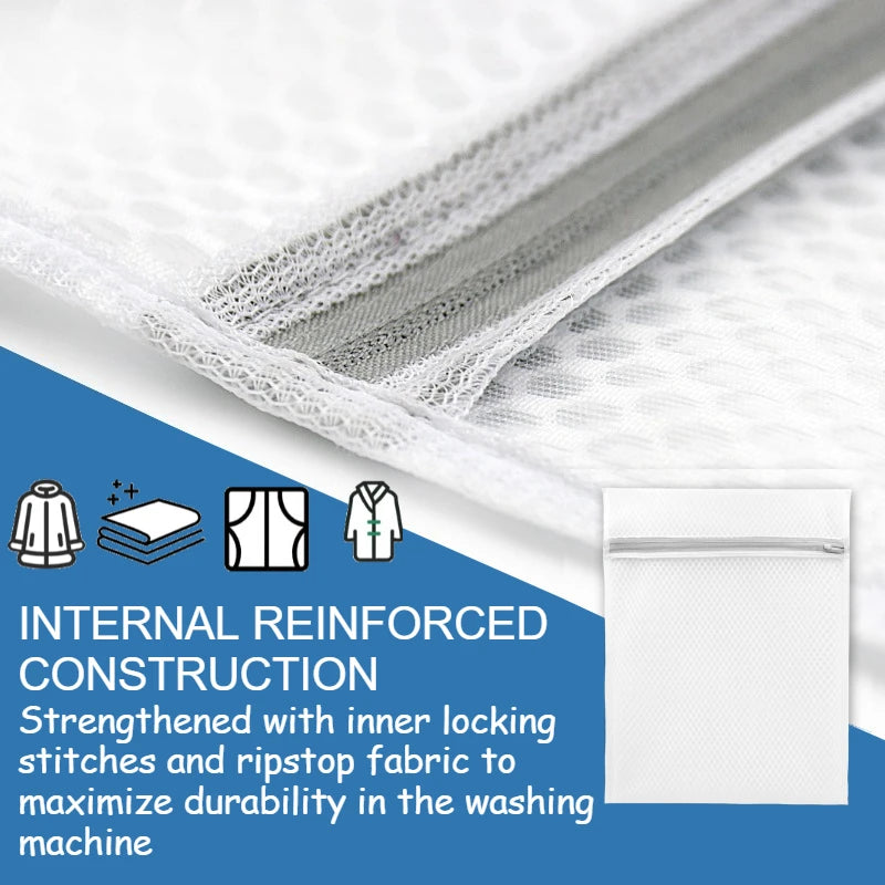 Close-up of a white mesh laundry bag showing internal reinforced construction and stitching.