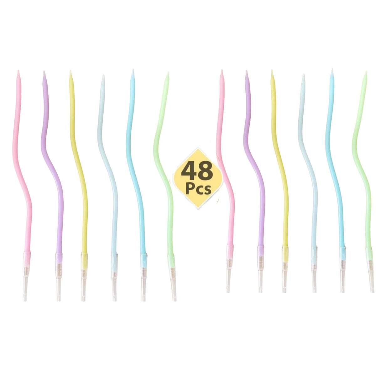 Set von 48 dekorativen Spiralkerzen zum Geburtstag in verschiedenen Pastellfarben wie rosa, lila, gelb und blau.