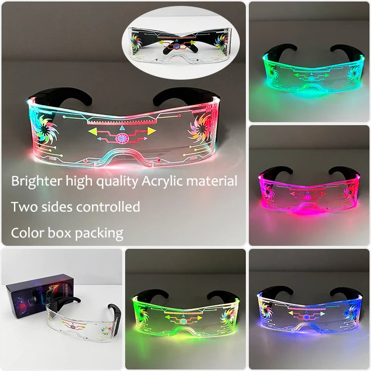 A set of bright, high-quality acrylic LED light up anime glasses with two sides controlled and color box packing.