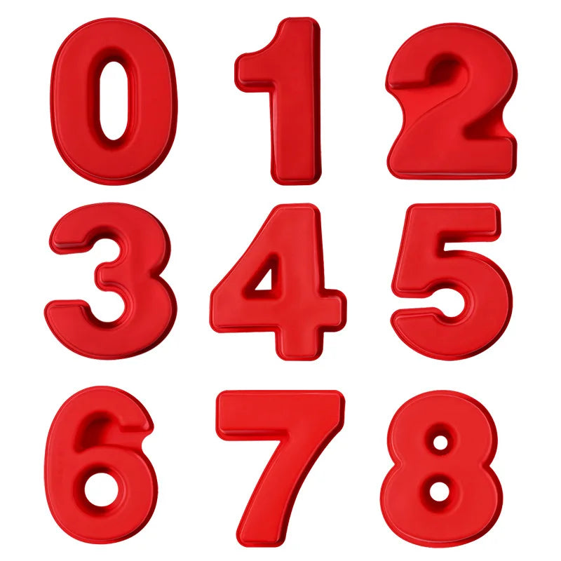 A set of red silicone number cake molds showing digits zero through eight.