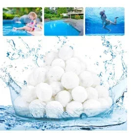 A pile of white eco-friendly pool filter cleaning balls submerged in blue water.