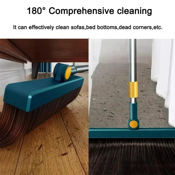 A close-up view of a teal foldable rotating broom with a yellow handle and a cleaning head on a wooden floor.