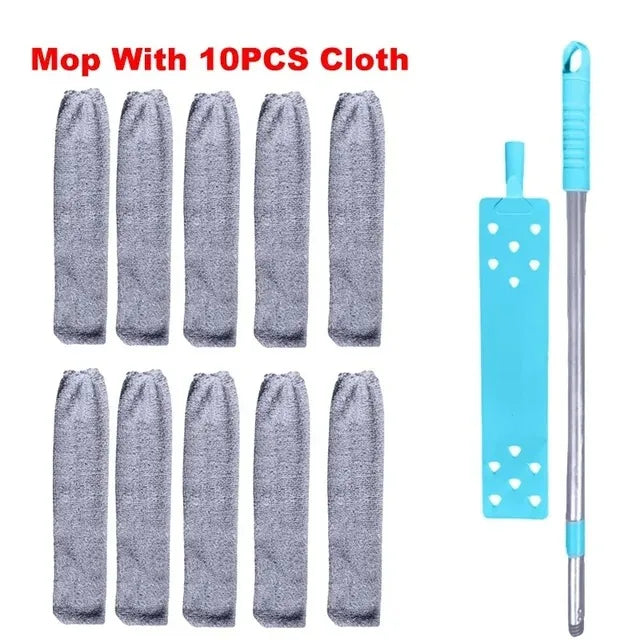 A set of ten gray microfiber mop cloths with a telescopic handle for cleaning hard-to-reach areas.