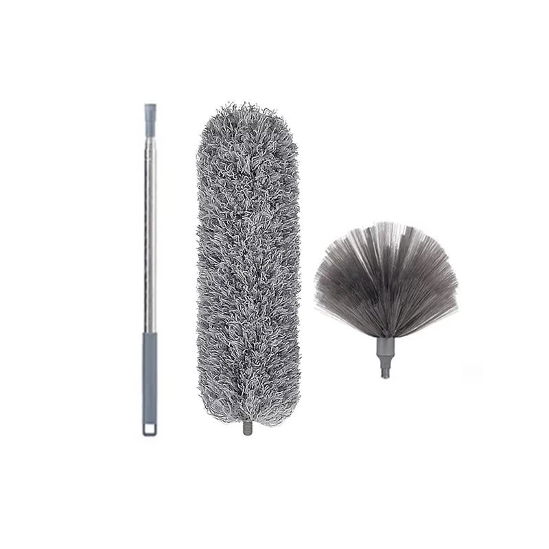 A set of extendable cleaning duster tools including a long rod and a fluffy cleaning brush.