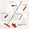 An adjustable rubber broom with a squeegee head shown with various components and usage tips for cleaning pet hair and carpet