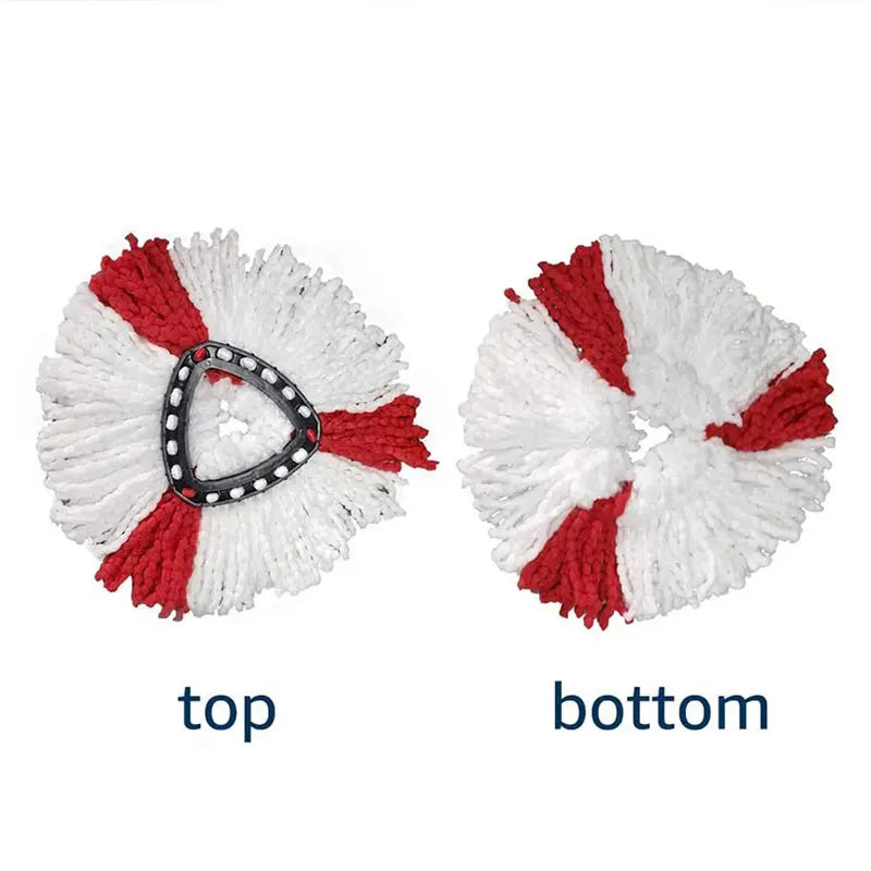 A pair of microfiber mop head replacements, showing the top and bottom views of a red and white striped cleaning pad.