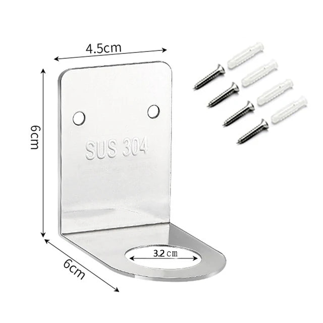 Silberner Metall-Seifenspender mit Befestigungslöchern und Schrauben, mit Abmessungen dargestellt.
