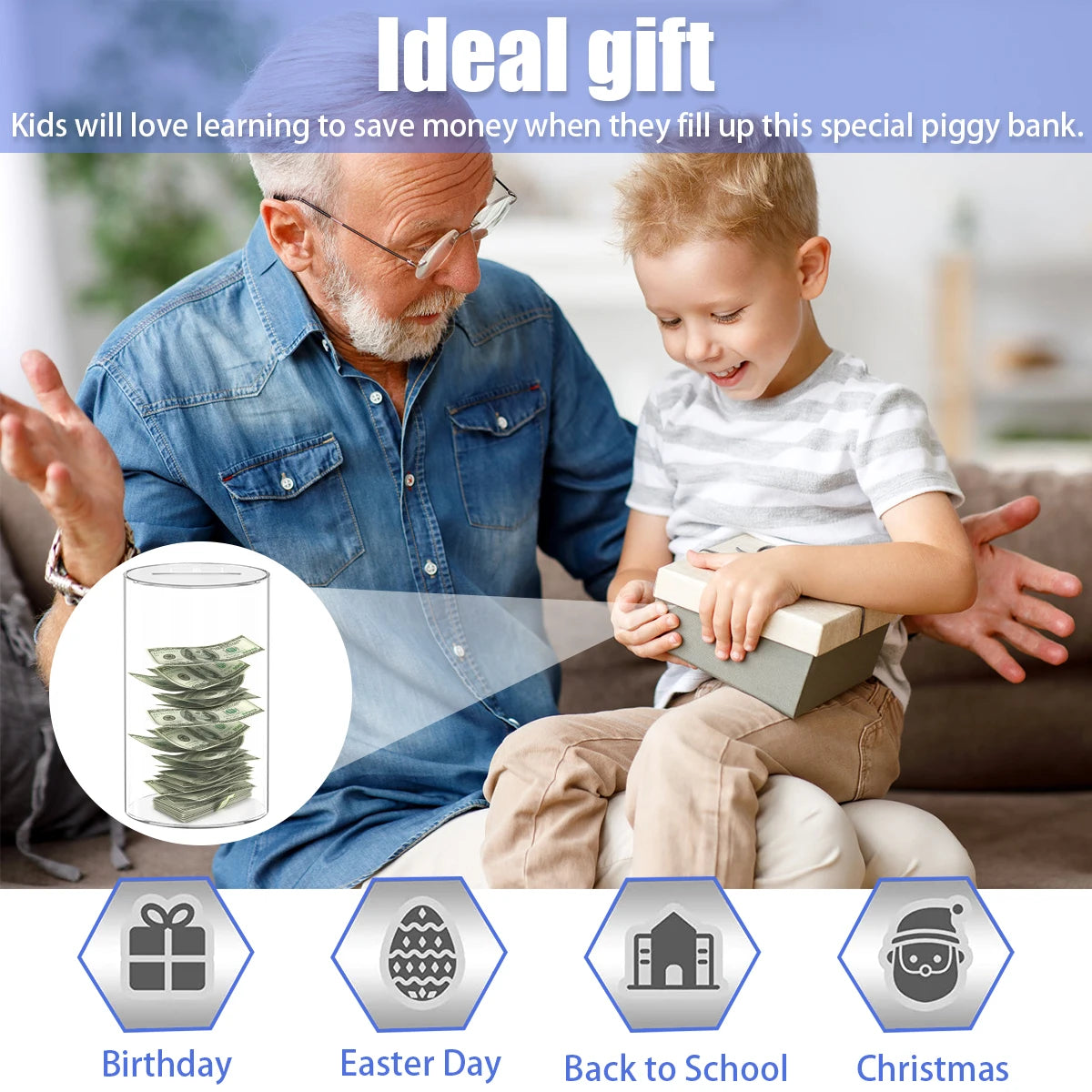 Un hombre y un niño con una alcancía de cerdito de acrílico, ilustrando el regalo ideal para ahorrar dinero.