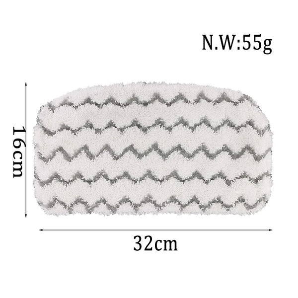 A rectangular white microfiber pad with gray zigzag stripes, measuring 16cm by 32cm and weighing 55g.