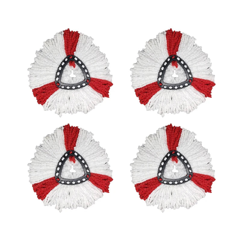 Four white and red microfiber mop head replacements for spin mop systems