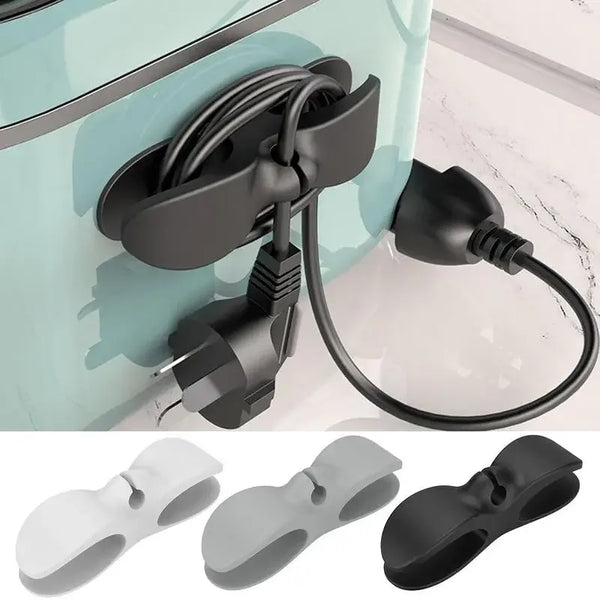 Reusable cable management organizer featuring black and white clips for organizing charging cables.
