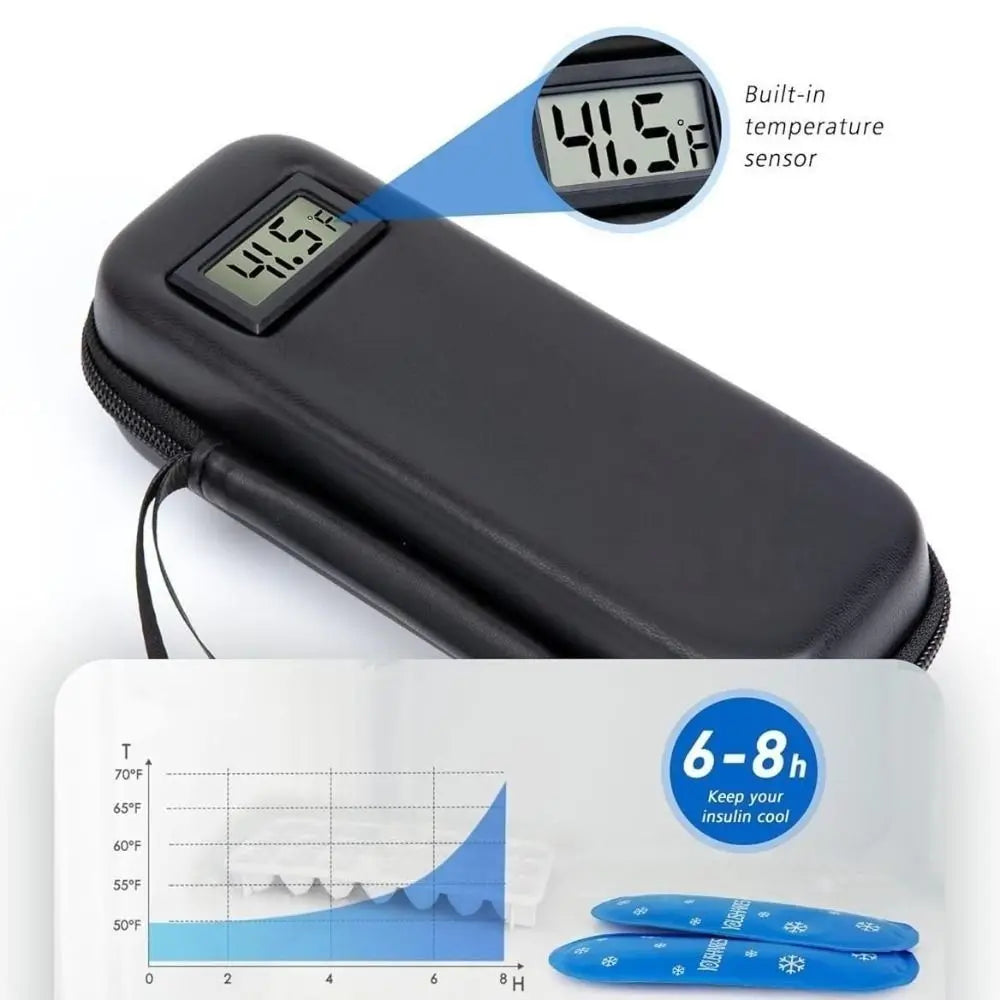 Schwarzer Insulin-Kühlbeutel für Reisen mit digitaler Temperaturanzeige (41,5°F) und blauen Insulin-Stiften.
