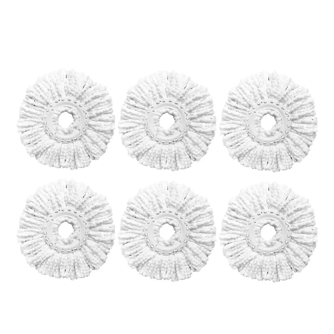 Four white microfiber spin mop heads arranged in a grid.