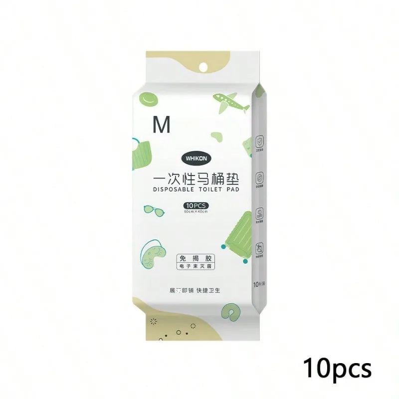 A package of 10 disposable toilet pad covers for a toilet seat.