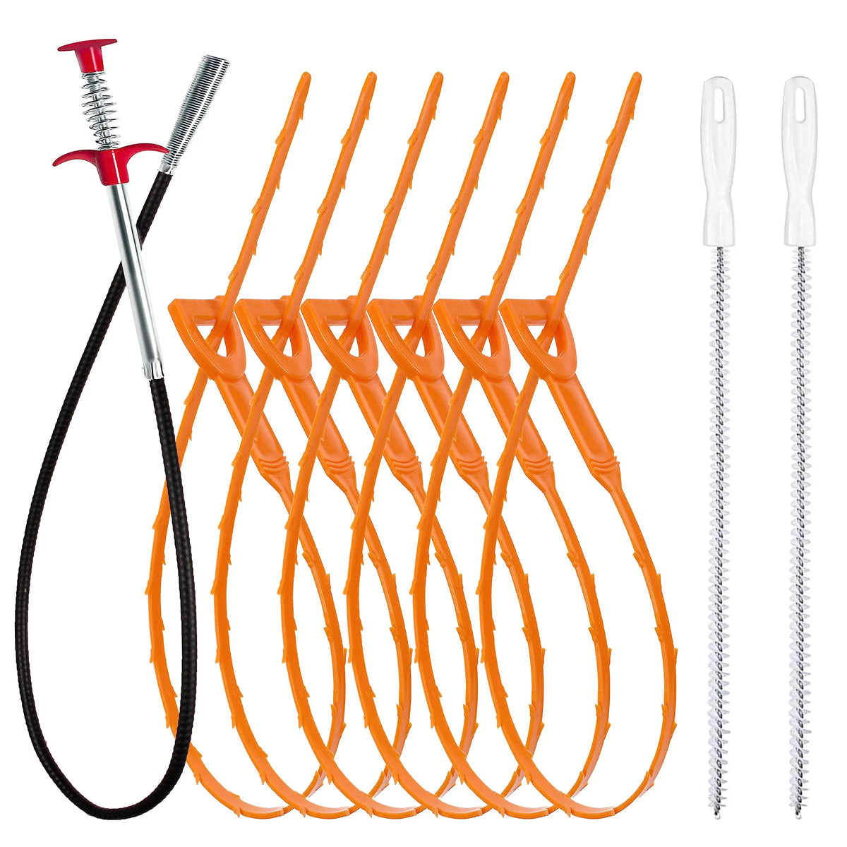 A set of orange flexible drain cleaning snaking tools and a metal rod are shown.
