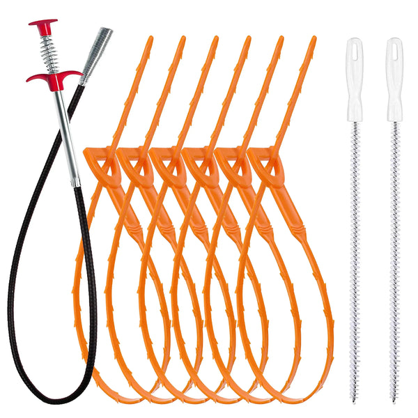 A set of orange flexible drain cleaning snaking tools and a metal rod are shown.