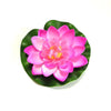 A vibrant pink artificial lotus flower with green leaves used for pond and garden decor.