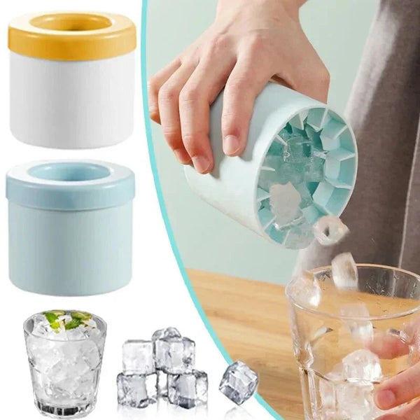 A hand holds a silicone ice cube mold set, showing various clear and colored ice cubes in a glass.
