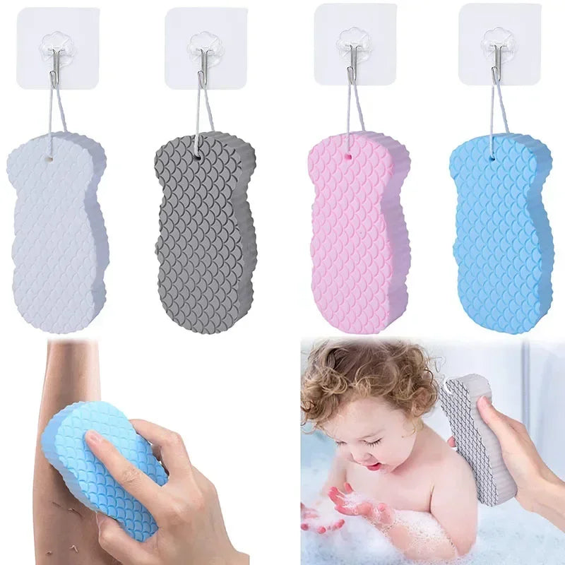 Reusable silicone foot scrub brush in various colors being used on a baby's foot.