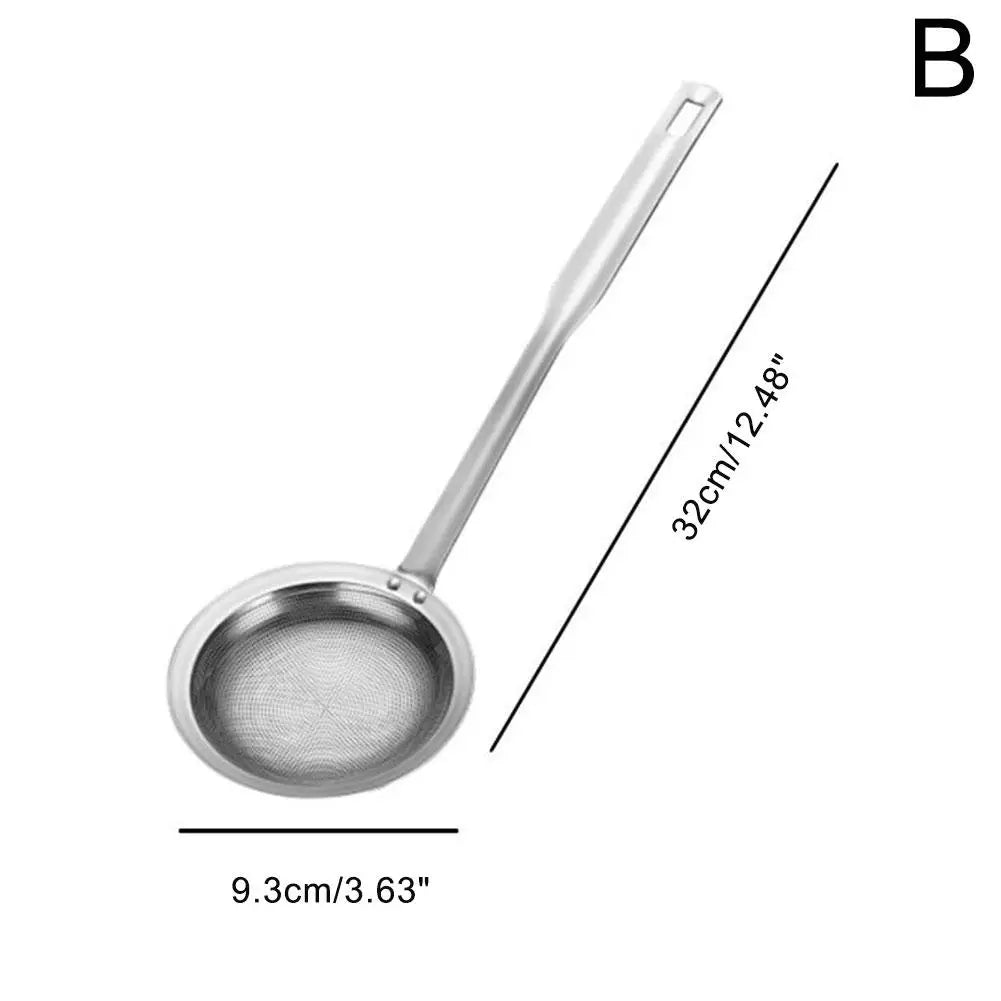 Stainless steel fat skimmer strainer with a long handle shown in profile.