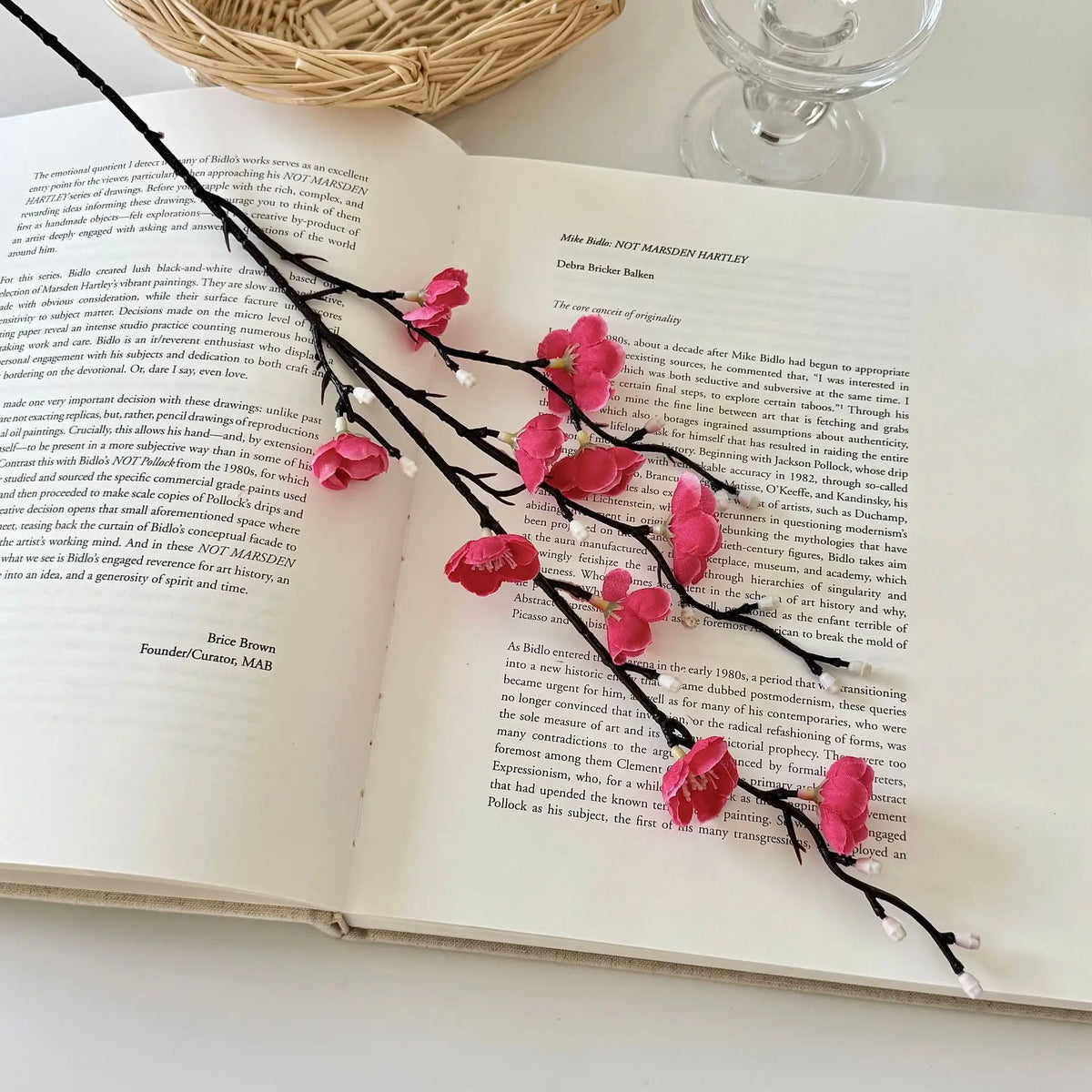 A page from a book featuring text and a branch of pink plum blossoms on the left side.