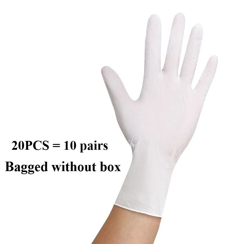 A hand wearing a white heavy-duty nitrile disposable glove is shown, with text indicating 20 pieces equal to 10 pairs bagged 
