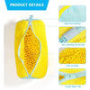 Yellow reusable shoe cleaning bag with a zipper, showing details like high permeability and durable nylon zip.