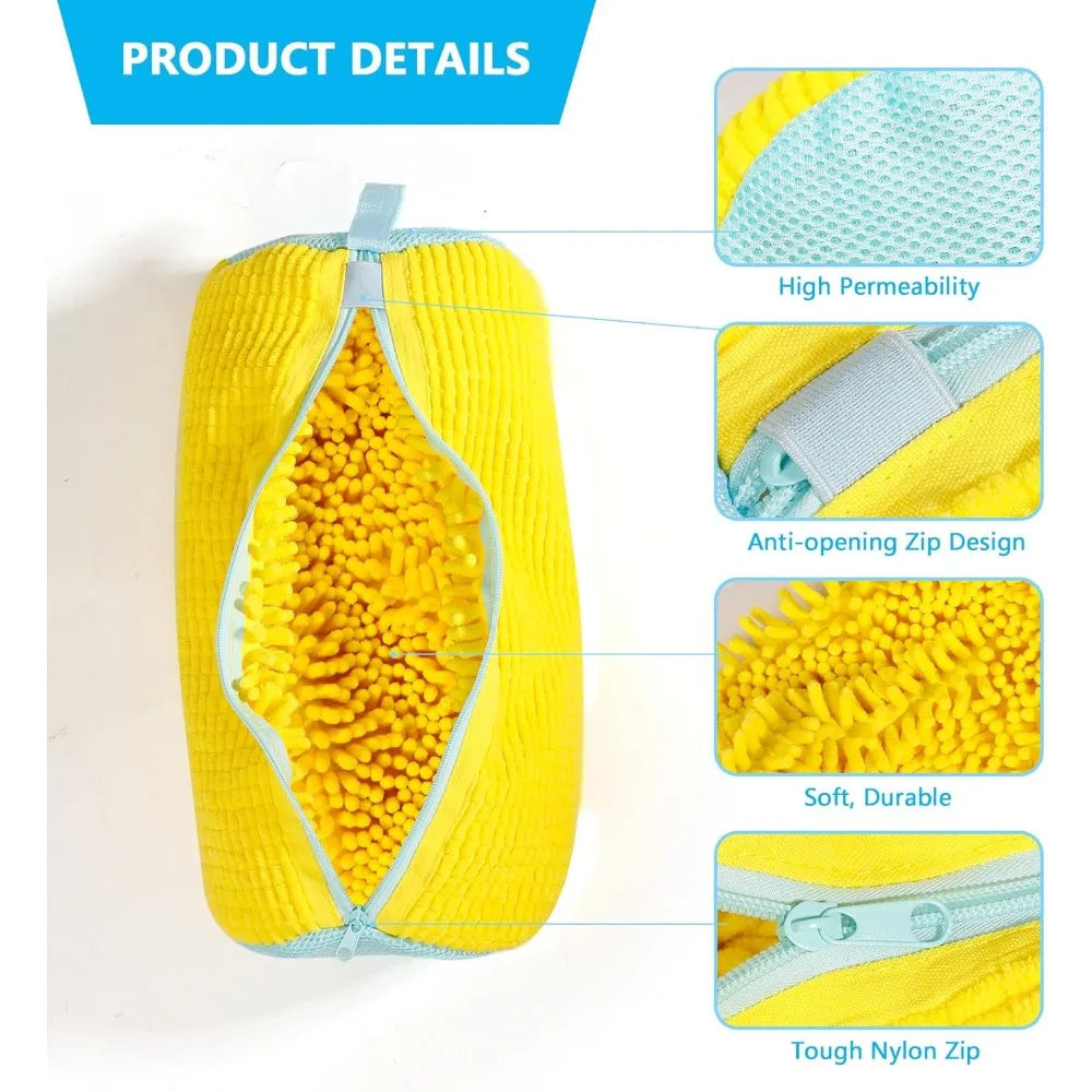Yellow reusable shoe cleaning bag with a zipper, showing details like high permeability and durable nylon zip.