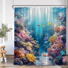 A vibrant tropical sea life shower curtain featuring colorful coral and marine organisms under blue water.