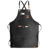 Black oil-proof canvas apron with utility pockets and leather straps
