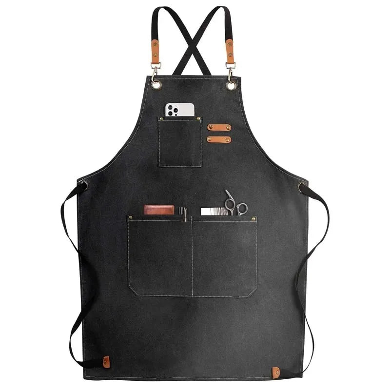 Black oil-proof canvas apron with utility pockets and leather straps
