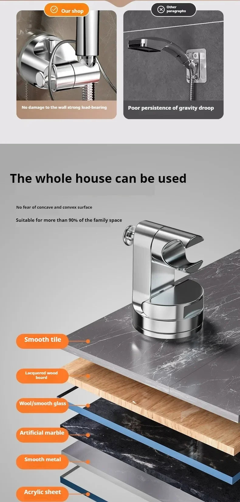 A close-up view of a stainless steel shower head holder designed for various surfaces, demonstrating its use on tile, wood, g