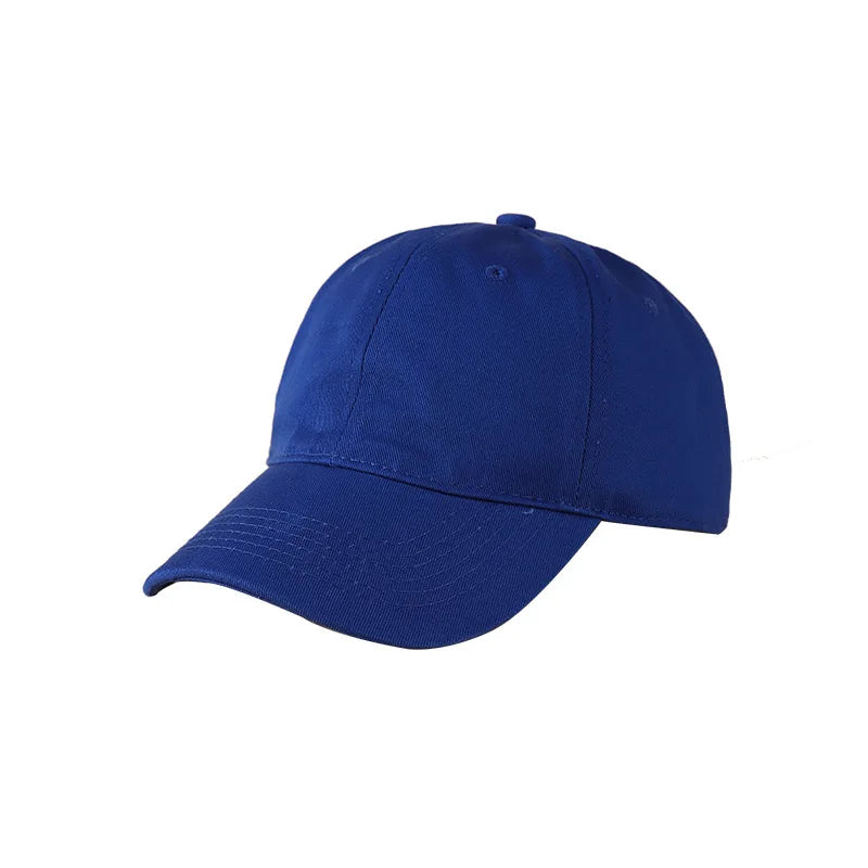 A navy blue customizable cotton baseball cap shown from the side.