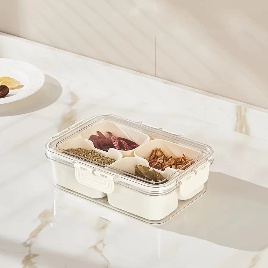 A clear plastic snack organizer tray with eight compartments filled with various dried snacks on a white marble countertop.