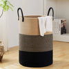 Large woven storage hamper in beige, black, and dark gray with handles