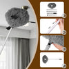A set of extendable ceiling fan dusters shown in four steps, demonstrating the tool's use and features.