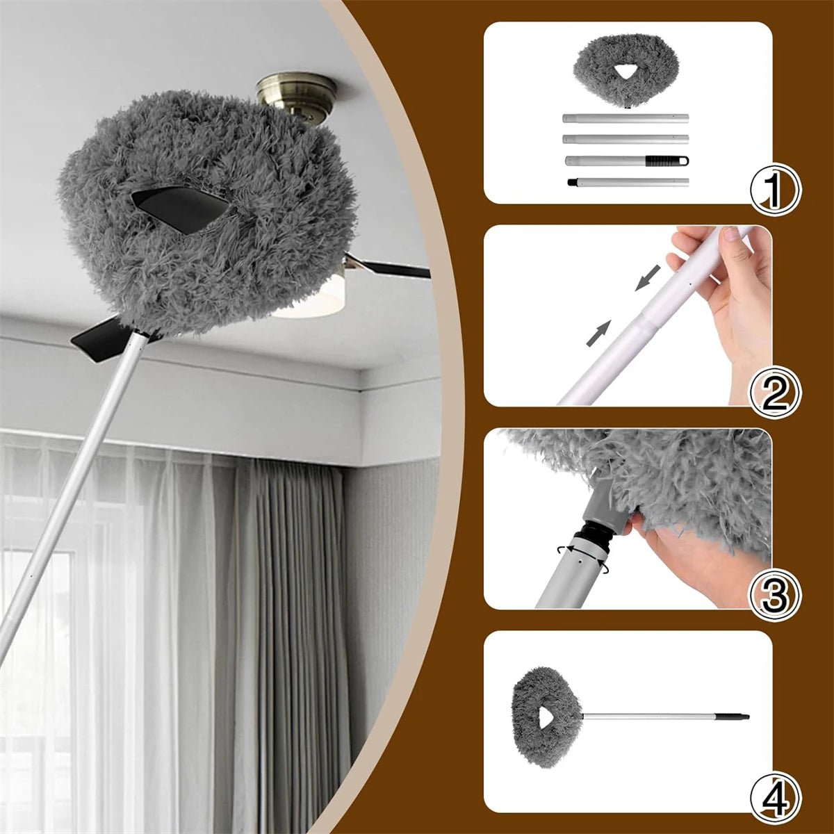 A set of extendable ceiling fan dusters shown in four steps, demonstrating the tool's use and features.