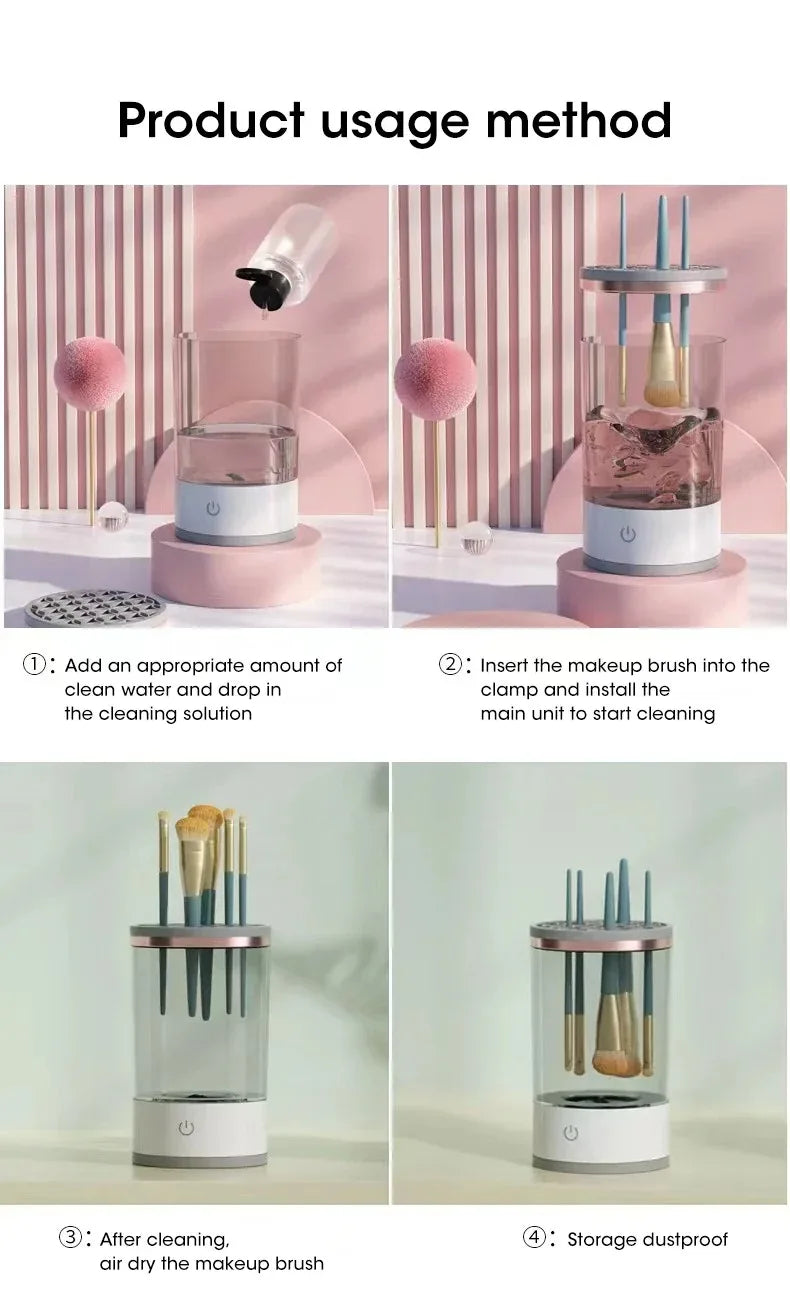 Instructions for using an automatic electric makeup brush cleaner, showing steps for cleaning and storage.